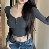 IFOMT Y2k Button T-shirt Cute Crop Top Women Harajuku Autumn Pullovers Basic Solid Plush Tee Shirt Aesthetic Slim Long Sleeve Top