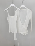 Ifomt Sweet Solid Thin Slightly Transparent Two-piece Suit Women Casual Sexy Slim Long Sleeve Cardigan + Suspenders Vintage Chic Tops