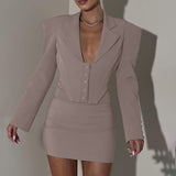 IFOMT Fall New Mini Skirt Suit Long Sleeve Lapel Fishbone Top Hip-Covering Skirt Sexy Bodycon Two-Piece Commuting Sets Female