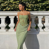 Ifomt Lady Elegant Party Dress 2025 Chic Patchwork Lace Pleated Sling Long Dress Women Sexy See Through Summer New Club Green Dresses