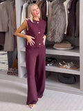 IFOMT Party Otufit Knitted Women 2 Piece Set Elegant O-Neck Sleeveless Button Vest Top High Waist Wide Leg Trousers Spring Summer Fashion Lady Suit
