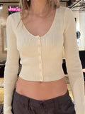 Ifomt Beige Pit Stripe Knitting Long Sleeve Coats Top Woman Solid Color Simple Sweet Auutmn Winter Jacket V-neck Tight Short Sweater