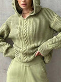 IFOMT Solid Color Hooded Cable Knit Sweater