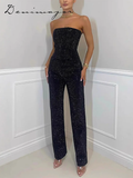 Ifomt Rhinestones Denim Vest Jeans Set Women Slim Sleeveless Strapless Empire Waist Zipper Pocket Pencil Trouser 2025 Summer Lady Suit