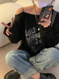 IFOMT T-shirt Fairy Grunge Letter Print Tops Black Autumn Off Shoulder Long Sleeved Korean Tee Loose Harajuku Baggy Shirts Woman Y2K