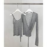 Ifomt Sweet Solid Thin Slightly Transparent Two-piece Suit Women Casual Sexy Slim Long Sleeve Cardigan + Suspenders Vintage Chic Tops