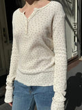 Ifomt Green Floral Waffle Long Sleeve T-Shirt Women Buttons Round Neck Cotton Slim Tee Top Vintage Cute Preppy Style Y2K T Shirt New