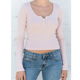 Ifomt Solid Color Blue Cotton Women T-shirts Sweet Chic Slim Long Sleeve Tshirt Top Fall Spring Round Neck 3 Button Y2K Streetwear Tee