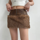 IFOMT Spring Outfits Wild Fashion Zipper Pu Patchwork Faux Fur Women’s Skirts Chic Sexy Skinny Mini Leather Skirt Gyaru