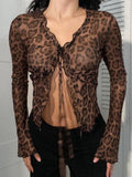 IFOMT Spring Outfits Leopard Print Lace-Up Blouse Shirts Women Semi-Sheer Mesh Elegant Fashion Sexy Flared Sleeve Ruffled Cardigan Tops