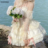 Ifomt Gothic Lolita Princess Dress Women Sweet Bowknot Cross Lace Ruffles Evening Party Dresses Japanese Harajuku Y2k Bandage Vestidos
