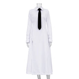 IFOMT Side Slit Long Dress For Women White Elegant Turn Collar Tie Midi Dresses Femme 2024 New Street Loose Slender Dress Woman