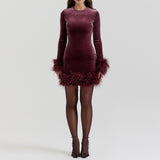 IFOMT Outfits Women's Elegant Long Sleeve Round Neck Feather Patchwork Slim Fit Mini Party Bodycon Party Club Pencil Dress vestido