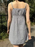 Ifomt Blue Plaid V-neck Mini Dress Women Summer Casual Buttons Lace Trim A-line Short Vestidos Vintage Sweet Preppy Style Y2K Dresses