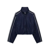 Ifomt Street Denim Stripe Pants Set Women Long Sleeve Stand Collar Pocket Zipper Jacket Suit 2025 Straight Lace Up Casual Jeans Sets