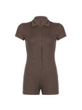 IFOMT Spring Outfits Solid Button Up Turn Down Collar Short Sleeve Slim Ribbed Rompers Womens Playsuit Basic Vintage Casual Summer Shirts