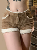 IFOMT Spring Outfits Autumn Trendy New Women’s Corduroy Short Fashion Simple All-Match Faux Fur Trim Spliced Design Short Pants