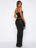 Ifomt Fashion Solid Sequin Spaghetti Strap Top 2 Piece Set Chic Sleeveless High Waist Long Skirt Suit New Lady Party Club Outfits 2025