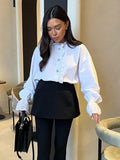 IFOMT Retro Diamond Ruffled Shirt For Women Stand Color White Top Casual Fashion Flare Long Sleeve Single Breasted Lady Blouses