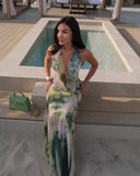 Ifomt Vintage Green Tie Dye Printing Halter Long Dresses Fashion Open Back Sleeveless Slim Fit Mesh Vestidos Summer Beach Holiday Wear