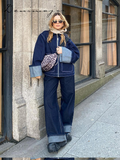 Ifomt Patchwork Denim Jackets Pants Sets Women Baggy Lapel Zipper Pocket Top Straight Leg Pants 2025 Spring Casual Street Female Suits