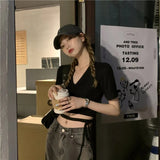 IFOMT Summer Casual Tee Tops Women T shirts Solid V-neck Sexy Cropped Top Cross Tie-Up Harajuku Basic Korean Street T-shirts mujer Y2k