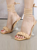 IFOMT Lace-Up Open Toe Split-Joint Square-Toe Pumps Sandals