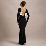 IFOMT Elegant Backless Bows Maxi Dress Female Chic Bodycon Long Sleeve Club Party Outfits Fashion Black Dresses Vestido Ladies