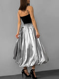 IFOMT Glossy High Waist Skirt For Women Balloon Skirt Autumn Fashion New Solid Long Skirt Female Loose Elastic Waist StreetwearChristmas Gifts