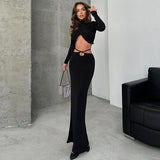 IFOMT Fall New Skirts Suit Solid Color Long Sleeve Crop Top Twist Ruched Slim Lace Up Sexy Navel Exposed Skirt Matching Sets