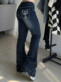 IFOMT Vintage Cross Rhinestone Print Flare Jeans