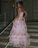 Ifomt OEING Ethereal A-Line Pink Evening Dresses Spaghetti Strap Tiered Sleeveless Party Gowns Floor Length Prom Dresses Customized