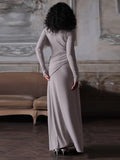 IFOMT Elegant Ruched Bodycon Maxi Dress Female Soild High Street Party Evening Dresses Long Sleeve Irrgular Splice Lady ClothesChristmas Gifts