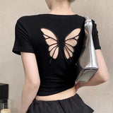 IFOMT Fashion Women T-shirt Short Sleeve O Neck Solid Slim Fit Ladies Crop Top Butterfly Hollow Backless for Casual Tops Summer 2024