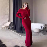 IFOMT Fashion Knit Long Dress Off-Shoulder Female Ribbed Loose High Waist Elegant Autumn Party Dress Ladies Knitwear Maxi DressChristmas Gifts