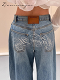 Ifomt Street Letter Hot Drilling Denim Pants Women Loose Zipper Pocket Wide Leg Jean Female 2025 Spring Female Casual Straight Trouser