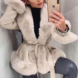 IFOMT PU Splice Fur Collar Wrap Coat For Women Lace Up Slim Long Sleeve Coat Woman Winter Street Elegant Jacket Women's Clothes