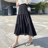 IFOMT Summer Women Chiffon Skirts Vintage High Waist Elastic Patchwork White Black Chic Mid Length Cake A-line Skirt for Student