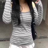 IFOMT Basic Slim Long Sleeve Stripe Tee Shirt Sexy Off Shoulder Korean Street Style Autumn Y2K Gray T Shirt Women Fashion Clothing