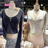Ifomt Solid Color Basic Tops Woman Folds V-neck Long Sleeve Tees Cotton New Fall Spring Tight Chic Short T-shirt Streetwear Y2K Tshirt