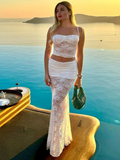 Ifomt Sexy Backless Hollow Out Camisole Top Suits White Lace High Waist Slim Fit Transparent Long Skirts Set Summer Casual Party Sets