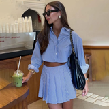 IFOMT Fashion Blue Striped Print Suit For Women Elegant Long Sleeve Button Crop Tops And High Waist Pleated Skirts 2 Pieces SetChristmas Gifts