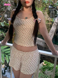 Ifomt Red Floral Print Camis And Elastic Waist Shorts Women Suit Y2K Sweet Lace Trim Bow Tank Shorts Summer Two Piece Set For Women