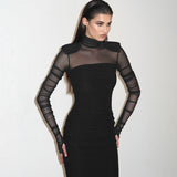 IFOMT Outfit Mesh See Through Sheath Women Dress Long Sleeve Sexy Club High Collar Streetwear Fashion Bodycon Female Vestidos