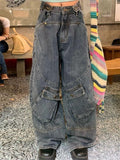 IFOMT Washed Irregular Pocket Splice Cargo Jeans