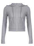 IFOMT Spring Outfits Gray Zip Up Knitted Hooded Jackets Women Pockets Details Solid Simple Basic Minimalist Slim Long Sleeve Hoodies Knitwear