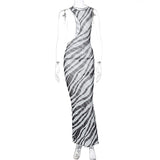 IFOMT Outfits Women's Summer Boho Beachwear Sleeveless O-Neck Cutout Zebra Striped Print Mesh Sheer See-through Straight Long Dress