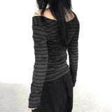 IFOMT Basic Slim Long Sleeve Stripe Tee Shirt Sexy Off Shoulder Korean Street Style Autumn Y2K Gray T Shirt Women Fashion Clothing