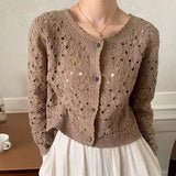 Ifomt Long Sleeve Crochet Top for Women Sheer Button Up Hollow Out Openwork Knit Cardigan Jacket Spring Summer Boho Vacation Outfit Casual Outfit