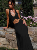 Ifomt Sexy V Neck Solid Color Halter Tops Suit Women Elegant Pleat High Waist Midi Skirt 2pcs Set New Summer Lady Vocation Beach Robes